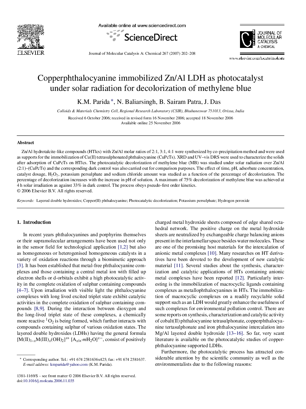 عکس صفحه اول مقاله: Copperphthalocyanine immobilized Zn/Al LDH as photocatalyst under solar radiation for decolorization of methylene blue Copperphthalocyanine immobilized Zn/Al LDH as photocatalyst under solar radiation for decolorization of methylene blue