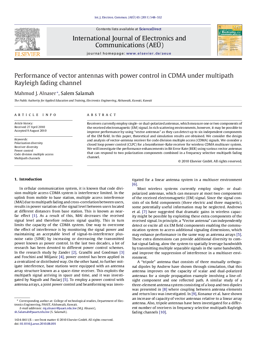 Performance of vector antennas with power control in CDMA under multipath Rayleigh fading channel