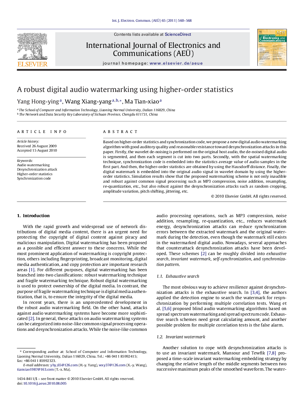 A robust digital audio watermarking using higher-order statistics