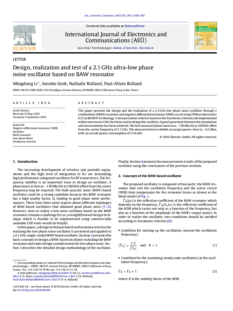 Design, realization and test of a 2.1Â GHz ultra-low phase noise oscillator based on BAW resonator