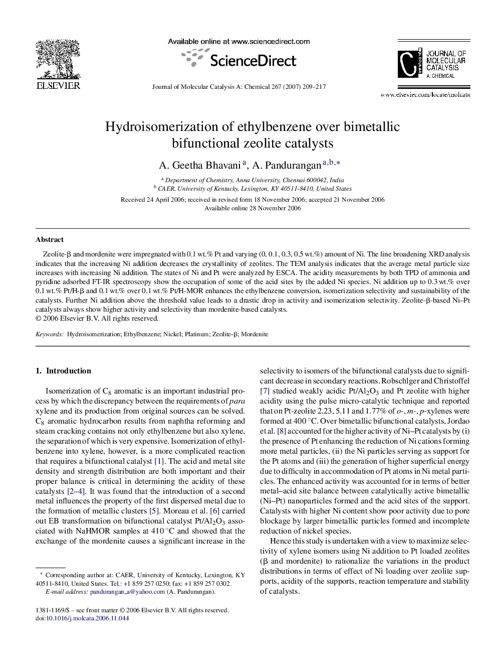 Hydroisomerization of ethylbenzene over bimetallic bifunctional zeolite catalysts