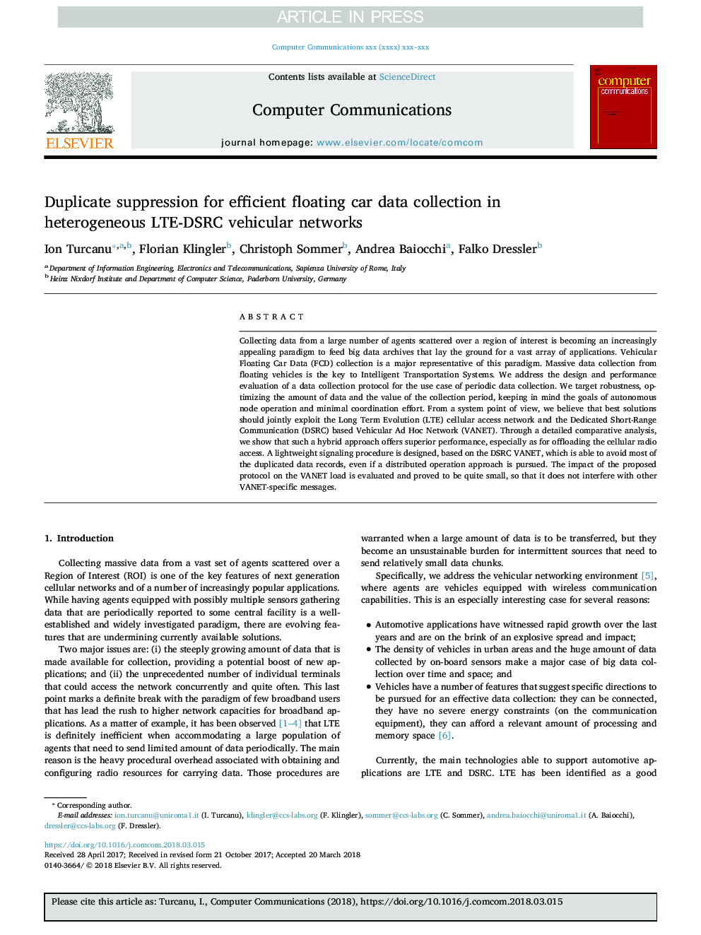Duplicate suppression for efficient floating car data collection in heterogeneous LTE-DSRC vehicular networks