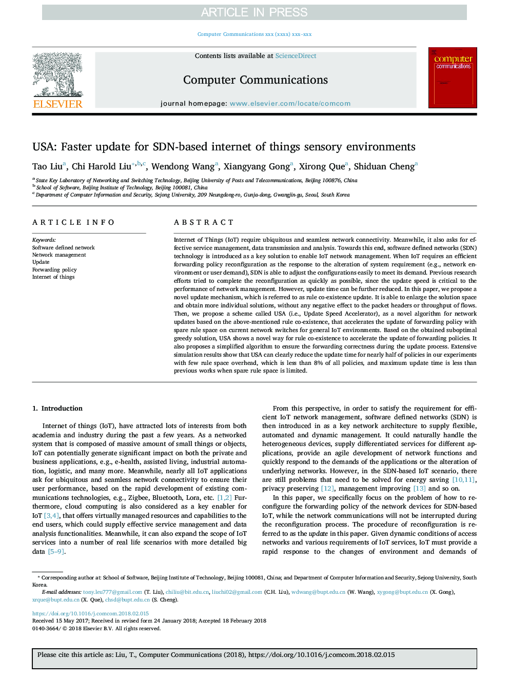 USA: Faster update for SDN-based internet of things sensory environments