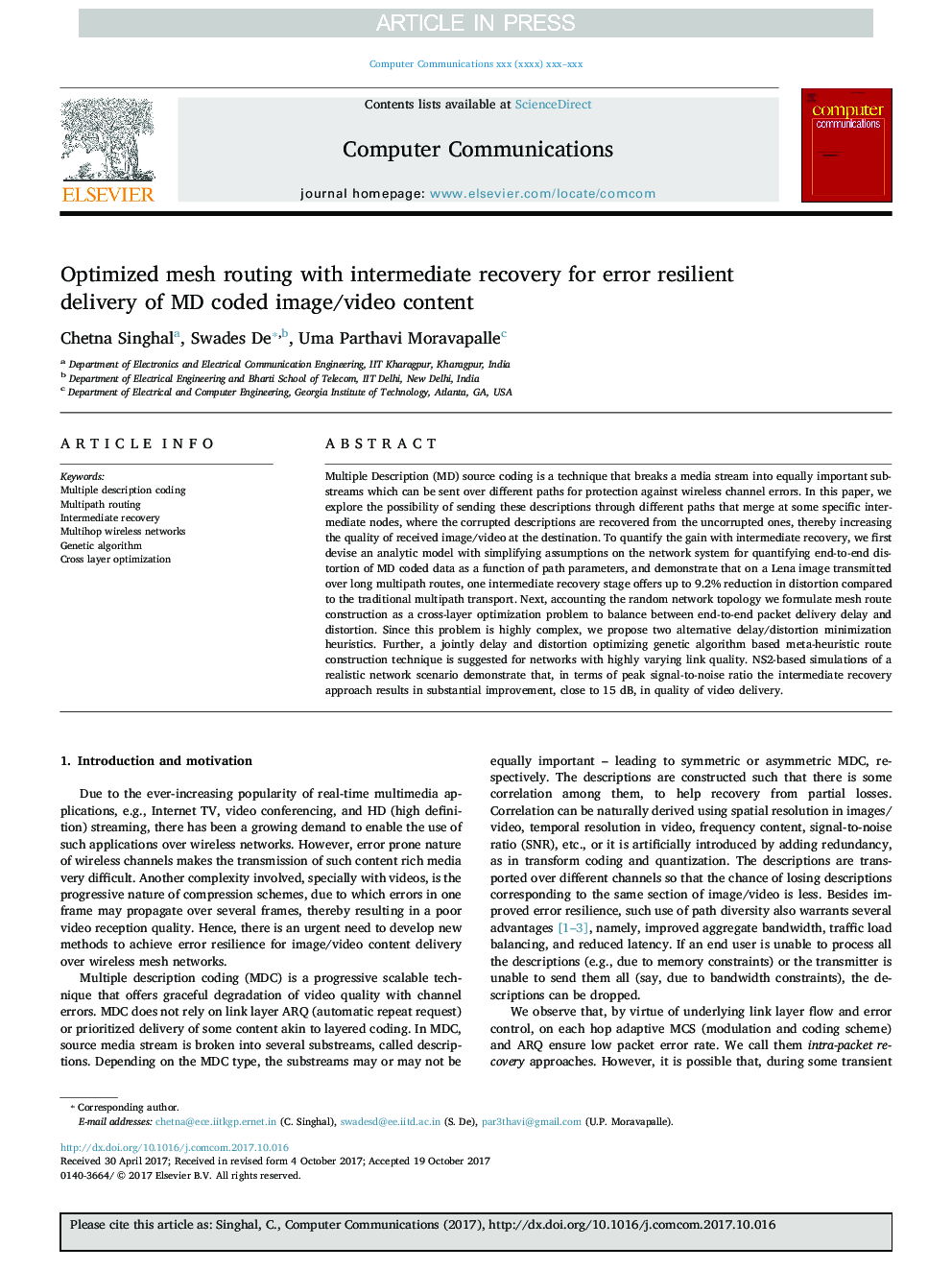 Optimized mesh routing with intermediate recovery for error resilient delivery of MD coded image/video content