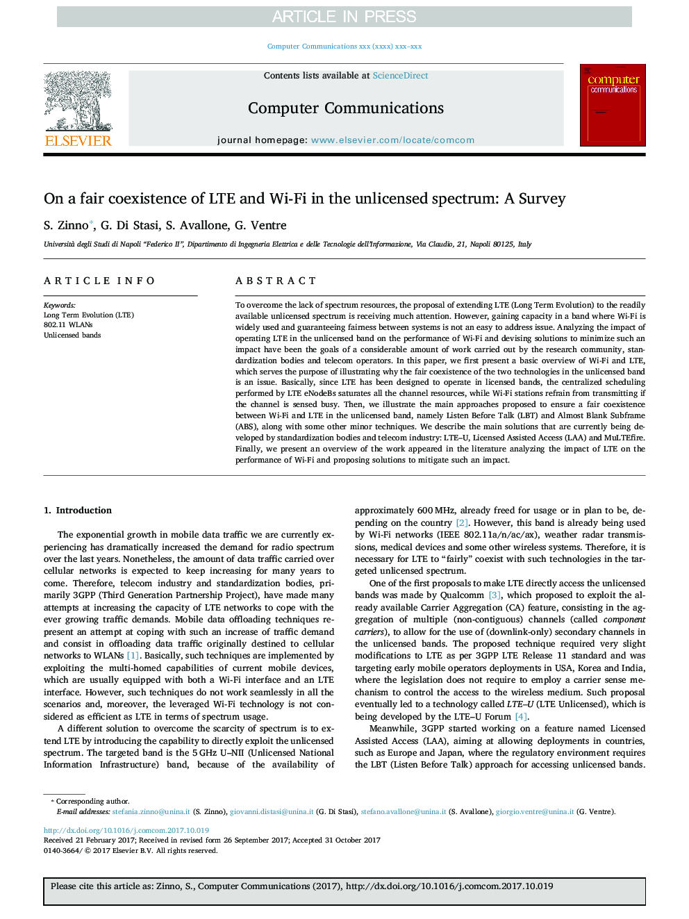 عکس صفحه اول مقاله: On a fair coexistence of LTE and Wi-Fi in the unlicensed spectrum: A Survey On a fair coexistence of LTE and Wi-Fi in the unlicensed spectrum: A Survey
