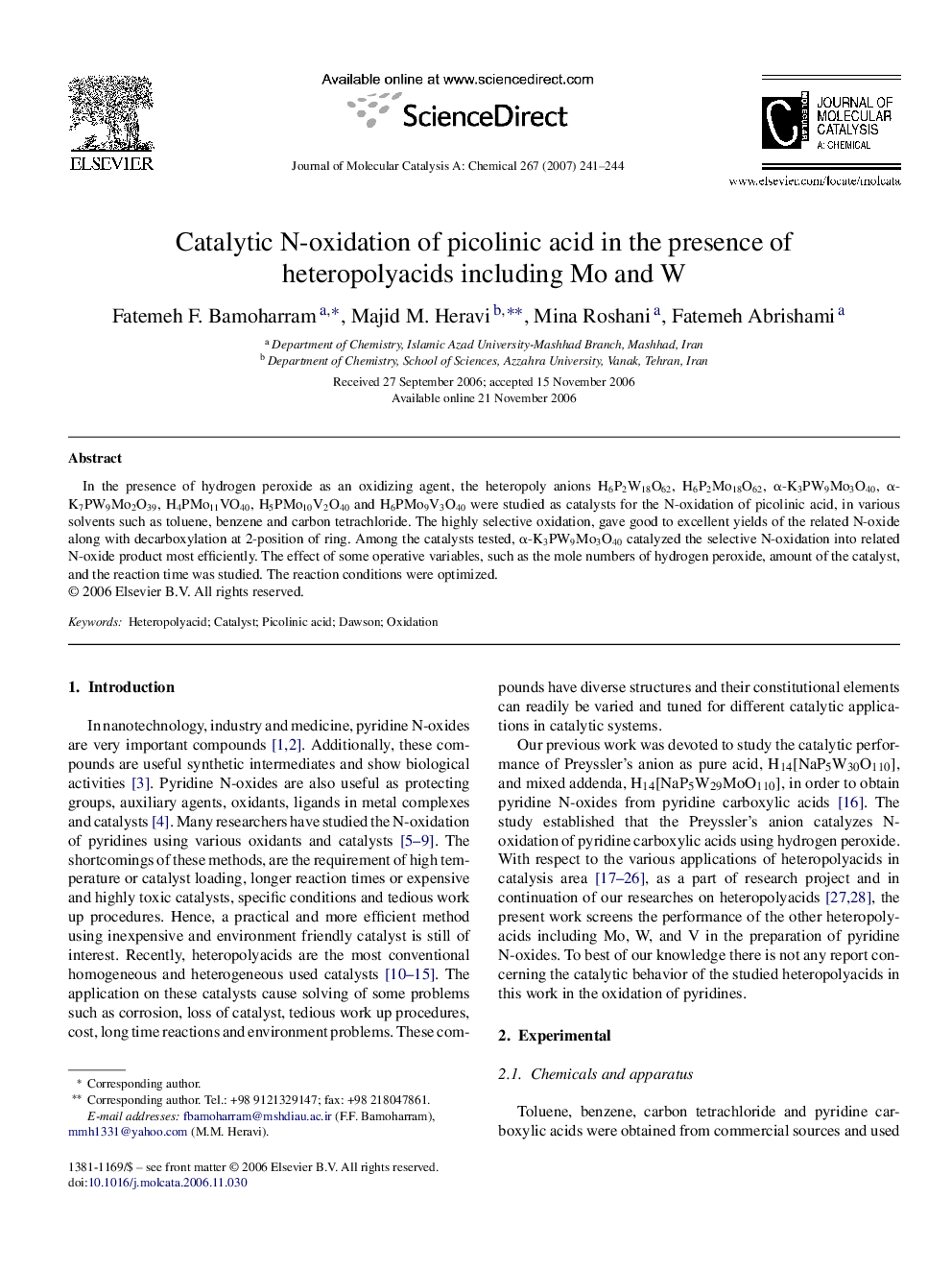 Catalytic N-oxidation of picolinic acid in the presence of heteropolyacids including Mo and W