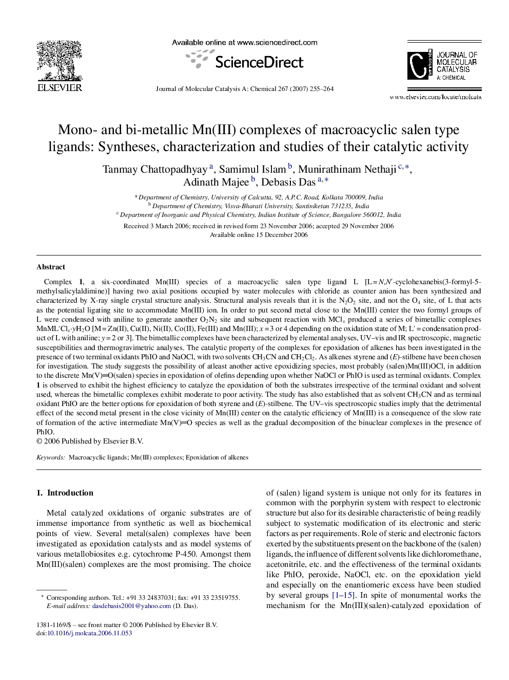 Mono- and bi-metallic Mn(III) complexes of macroacyclic salen type ligands: Syntheses, characterization and studies of their catalytic activity