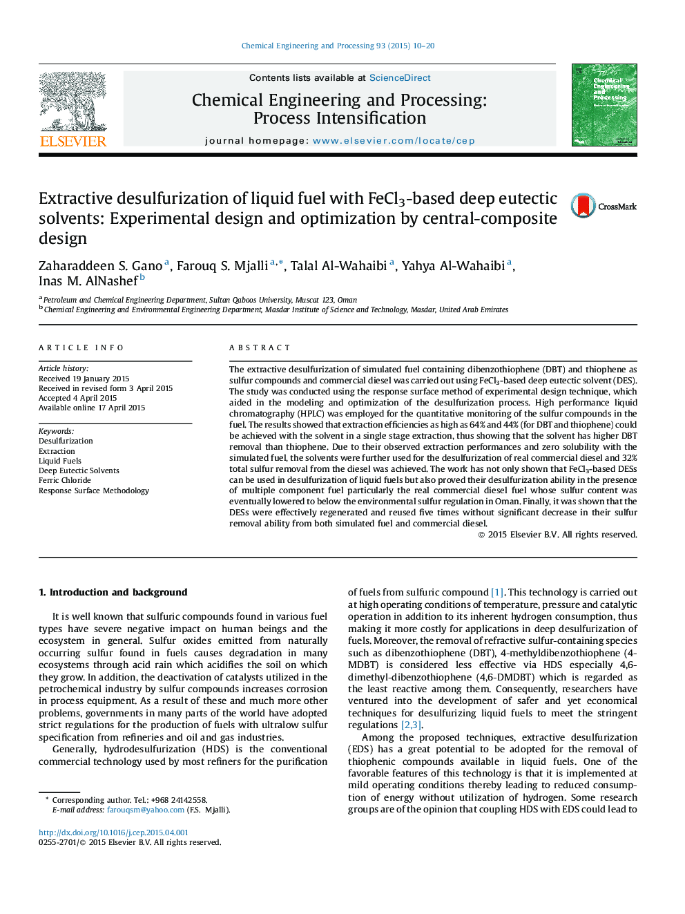 Extractive desulfurization of liquid fuel with FeCl3-based deep eutectic solvents: Experimental design and optimization by central-composite design