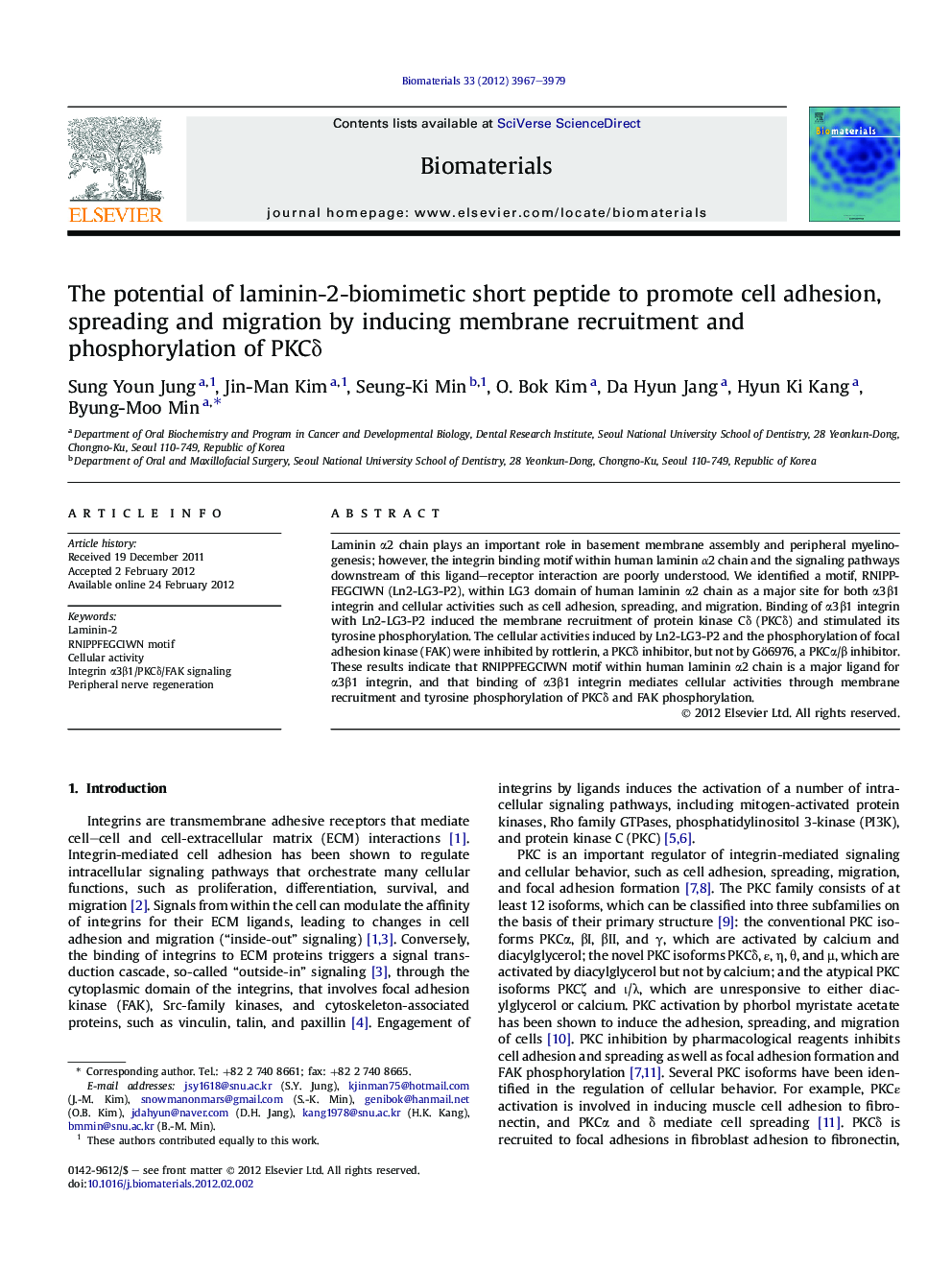 The potential of laminin-2-biomimetic short peptide to promote cell adhesion, spreading and migration by inducing membrane recruitment and phosphorylation of PKCδ