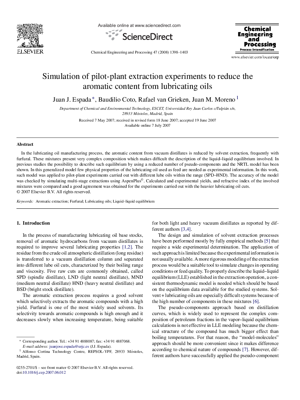 Simulation of pilot-plant extraction experiments to reduce the aromatic content from lubricating oils