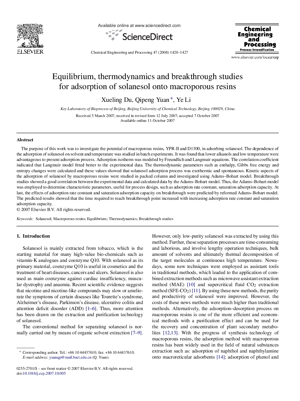 Equilibrium, thermodynamics and breakthrough studies for adsorption of solanesol onto macroporous resins