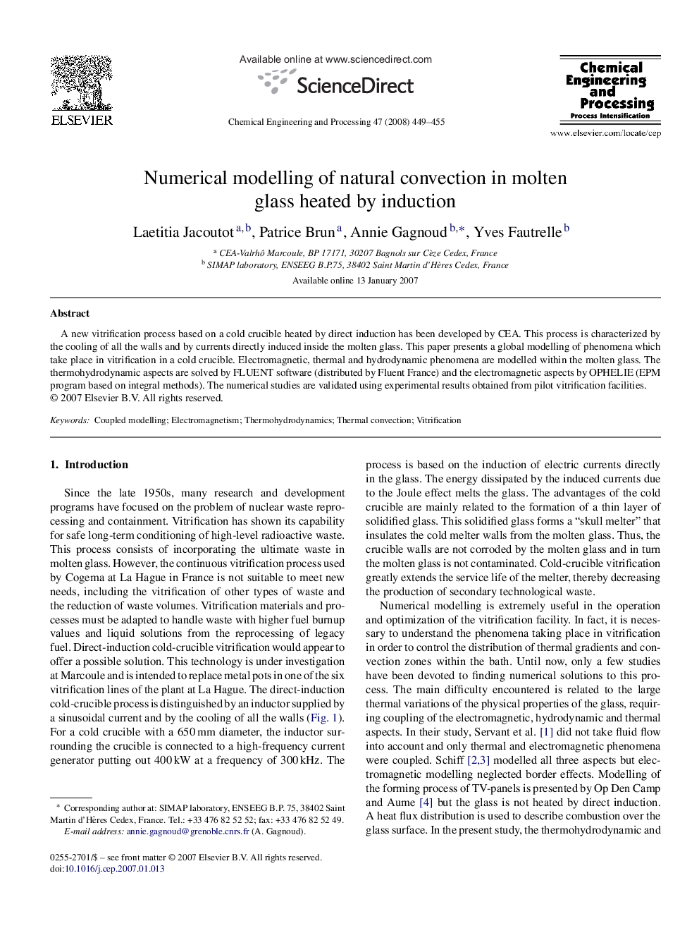 Numerical modelling of natural convection in molten glass heated by induction