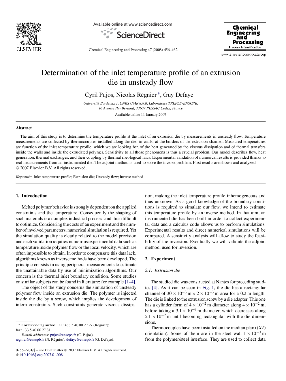عکس صفحه اول مقاله: Determination of the inlet temperature profile of an extrusion die in unsteady flow Determination of the inlet temperature profile of an extrusion die in unsteady flow