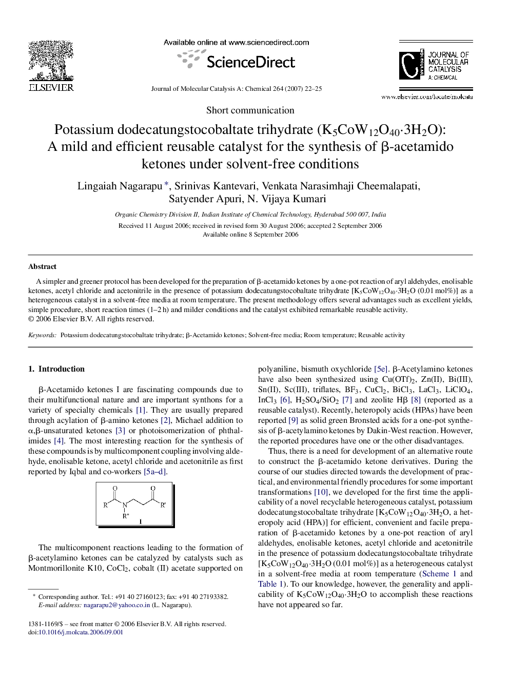 Potassium dodecatungstocobaltate trihydrate (K5CoW12O40Â·3H2O): A mild and efficient reusable catalyst for the synthesis of Î²-acetamido ketones under solvent-free conditions