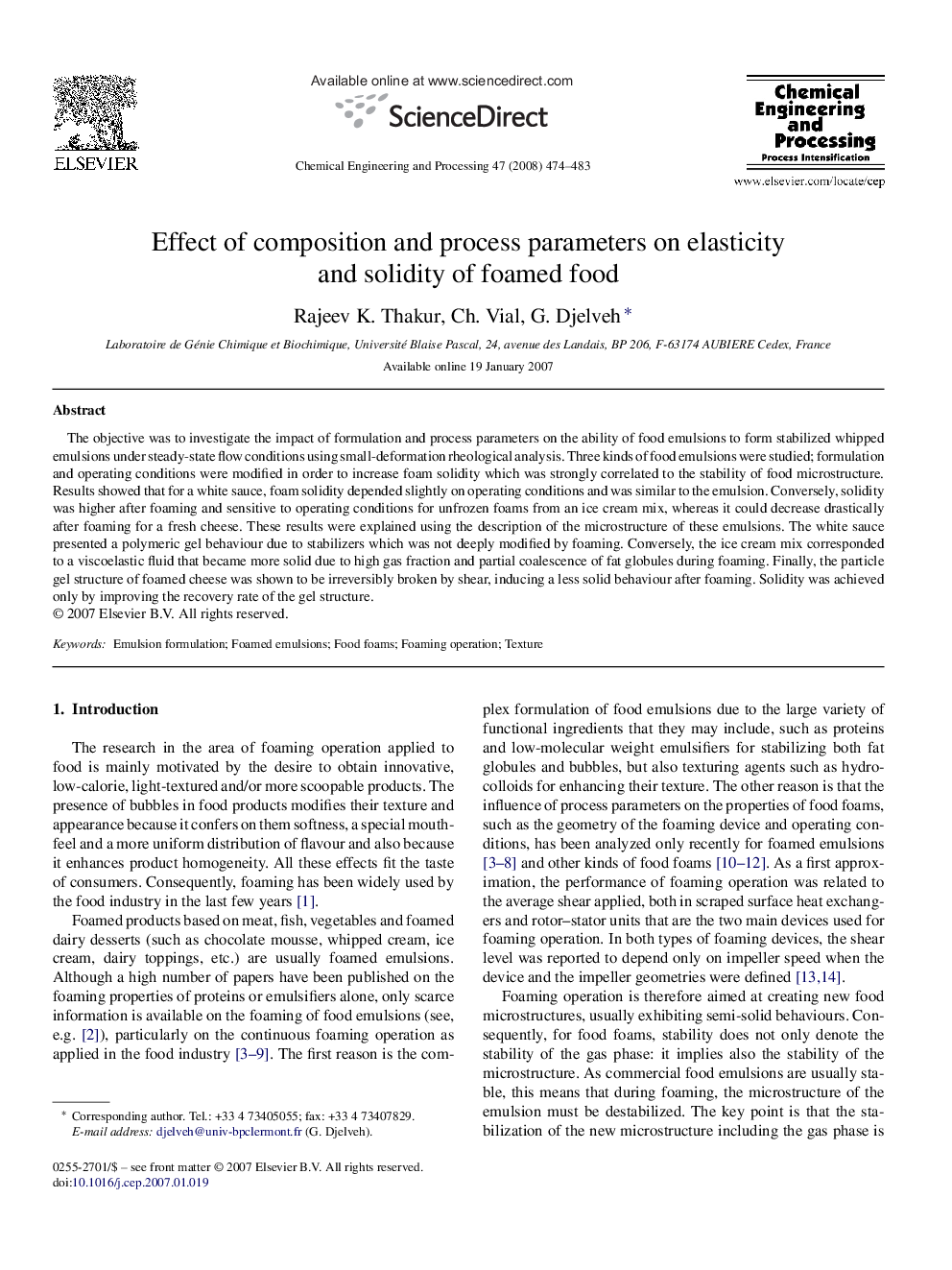 عکس صفحه اول مقاله: Effect of composition and process parameters on elasticity and solidity of foamed food Effect of composition and process parameters on elasticity and solidity of foamed food