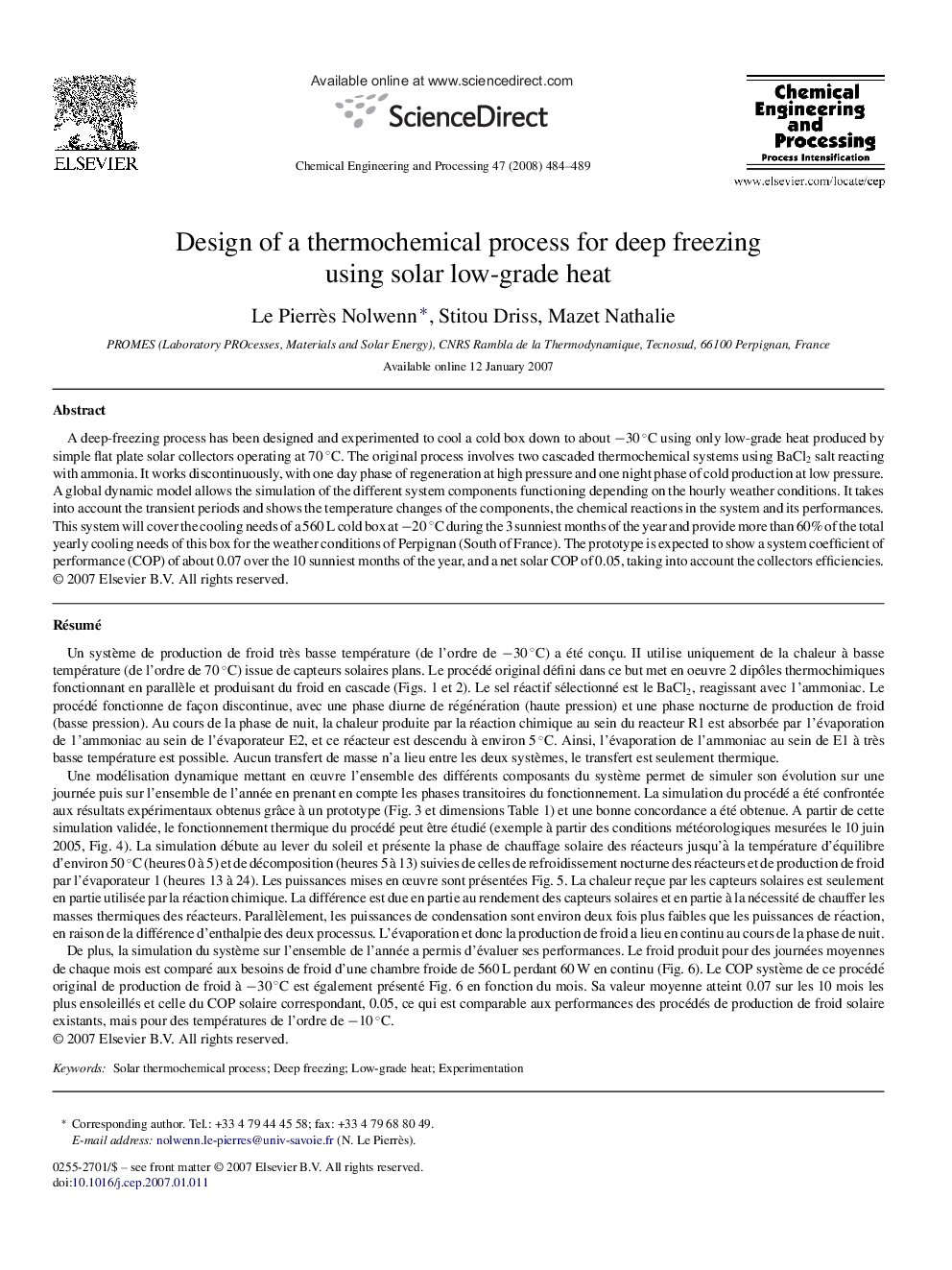 عکس صفحه اول مقاله: Design of a thermochemical process for deep freezing using solar low-grade heat Design of a thermochemical process for deep freezing using solar low-grade heat