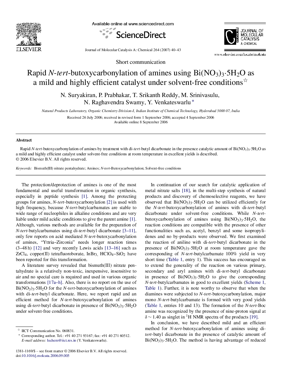 Rapid N-tert-butoxycarbonylation of amines using Bi(NO3)3·5H2O as a mild and highly efficient catalyst under solvent-free conditions 