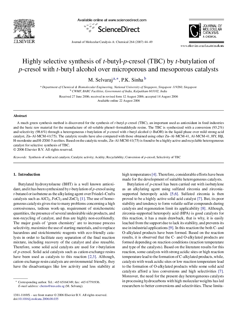 Highly selective synthesis of t-butyl-p-cresol (TBC) by t-butylation of p-cresol with t-butyl alcohol over microporous and mesoporous catalysts