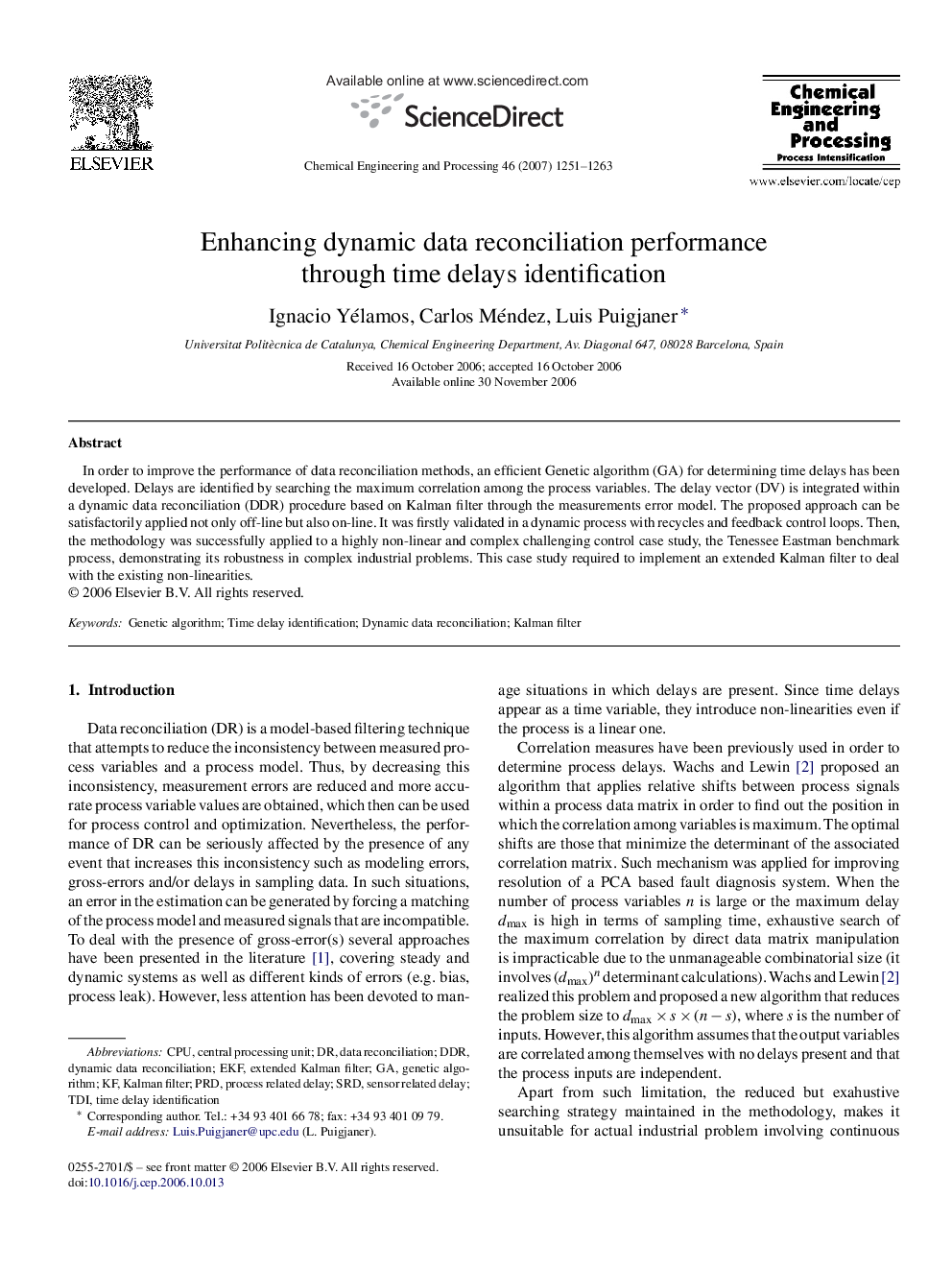 Enhancing dynamic data reconciliation performance through time delays identification