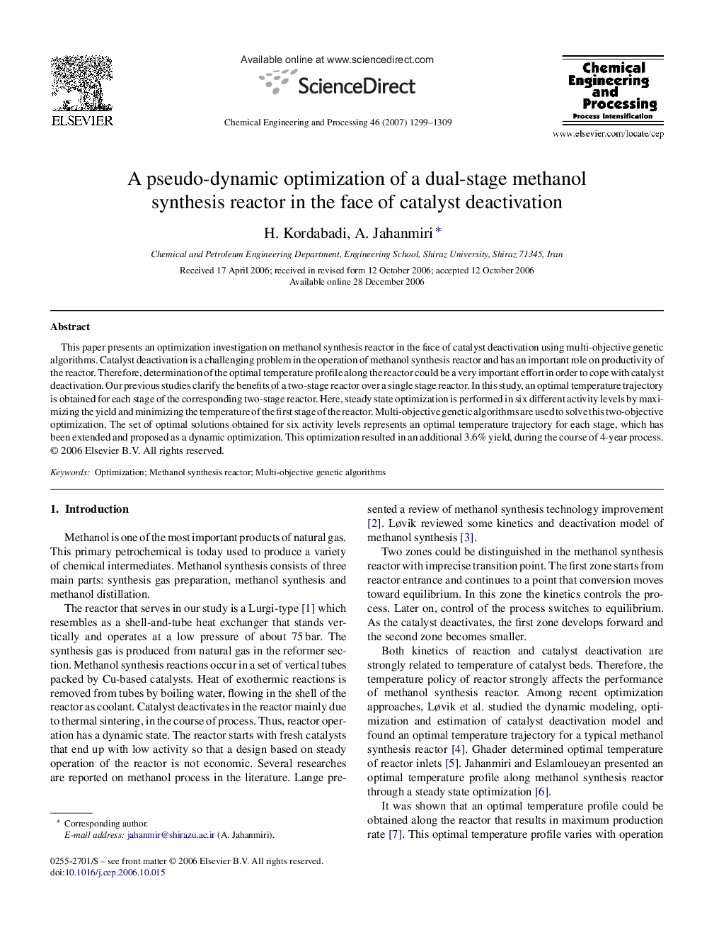 A pseudo-dynamic optimization of a dual-stage methanol synthesis reactor in the face of catalyst deactivation