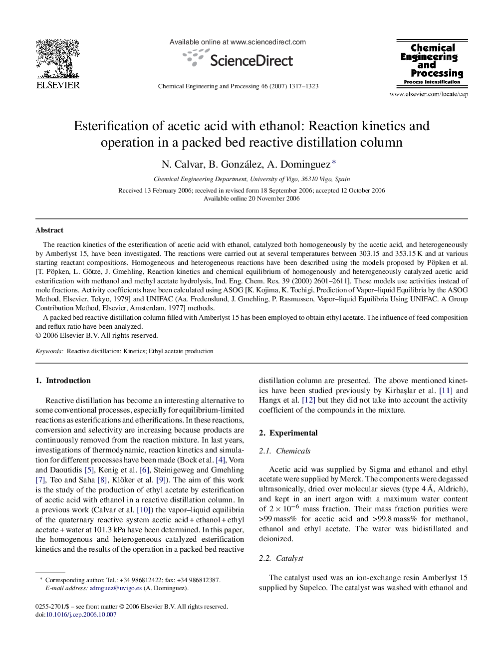 عکس صفحه اول مقاله: Esterification of acetic acid with ethanol: Reaction kinetics and operation in a packed bed reactive distillation column Esterification of acetic acid with ethanol: Reaction kinetics and operation in a packed bed reactive distillation column