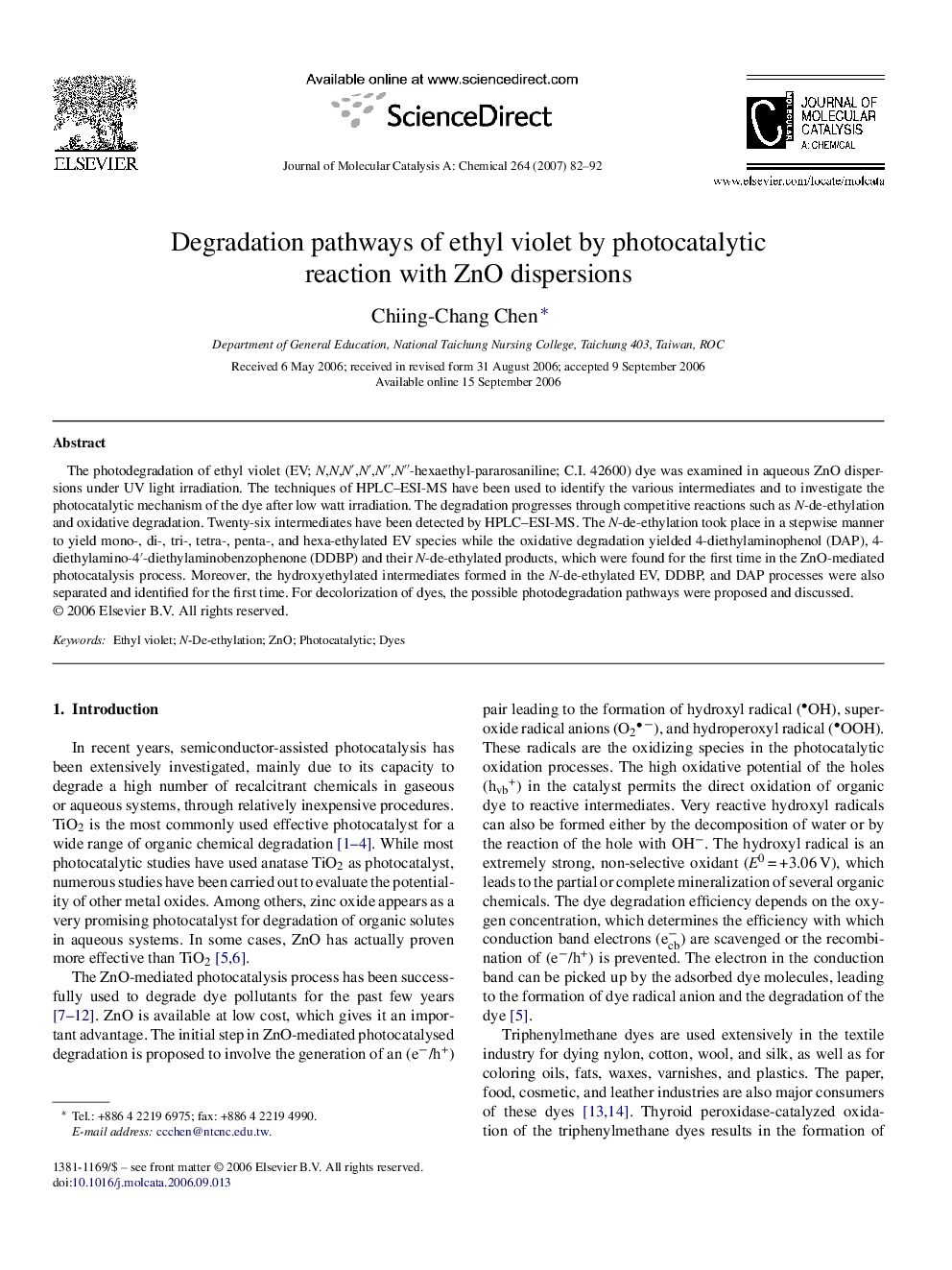 Degradation pathways of ethyl violet by photocatalytic reaction with ZnO dispersions