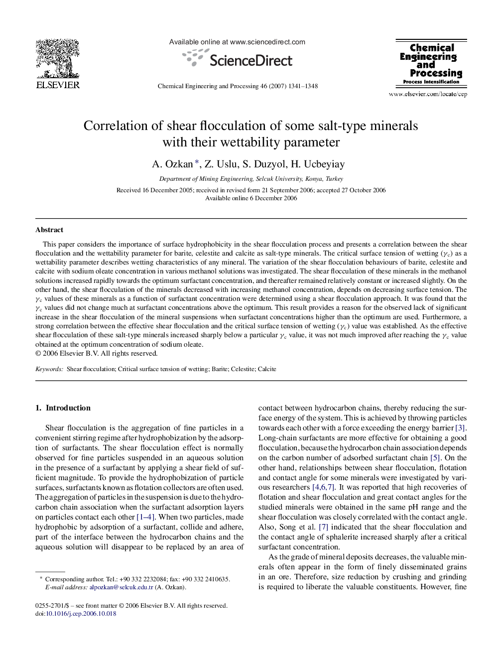 Correlation of shear flocculation of some salt-type minerals with their wettability parameter