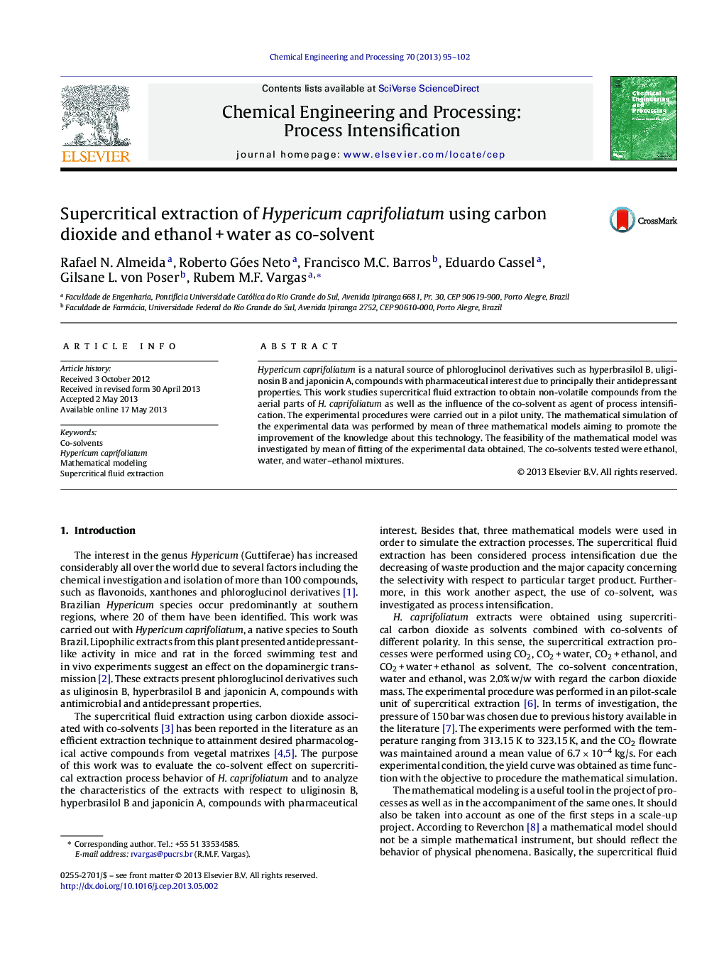 Supercritical extraction of Hypericum caprifoliatum using carbon dioxide and ethanol + water as co-solvent