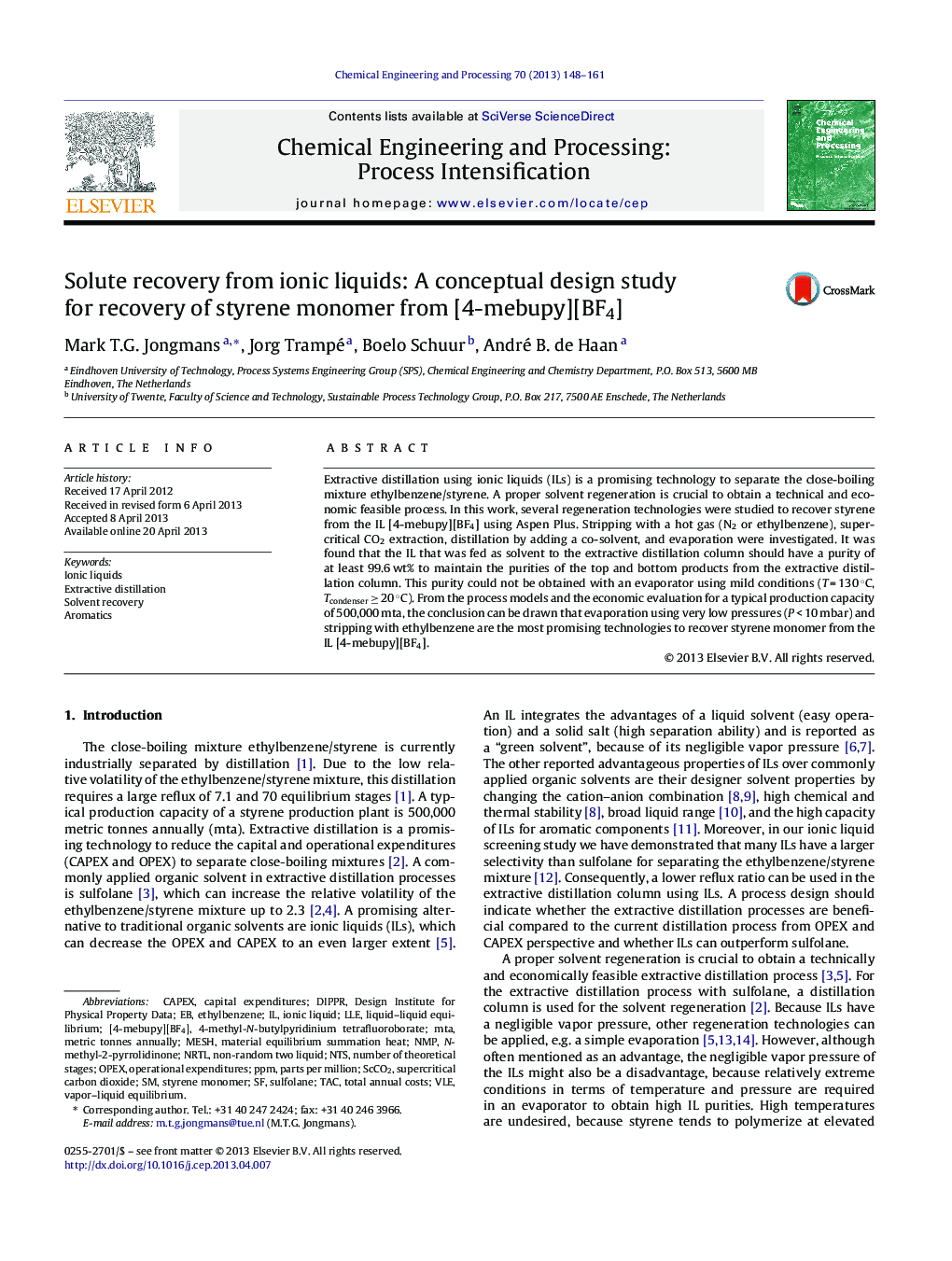 Solute recovery from ionic liquids: A conceptual design study for recovery of styrene monomer from [4-mebupy][BF4]