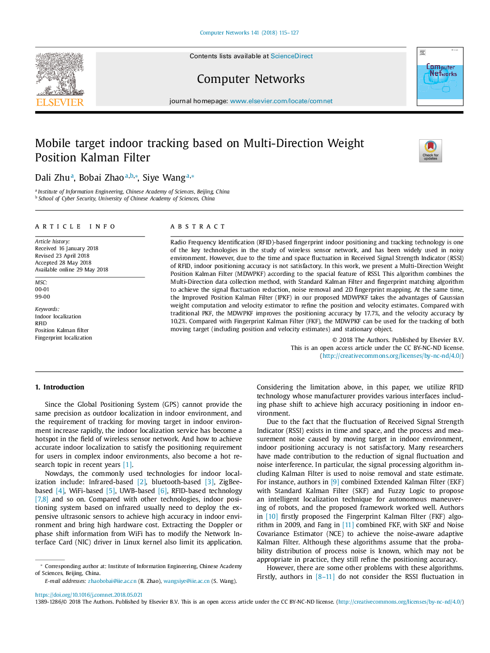 Mobile target indoor tracking based on Multi-Direction Weight Position Kalman Filter