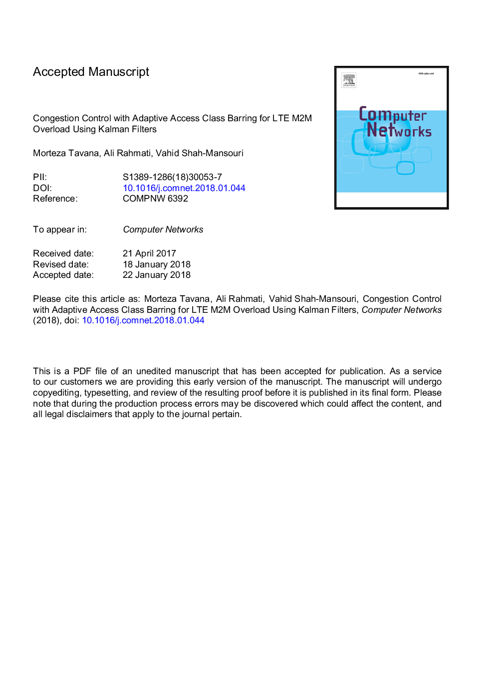 Congestion control with adaptive access class barring for LTE M2M overload using Kalman filters