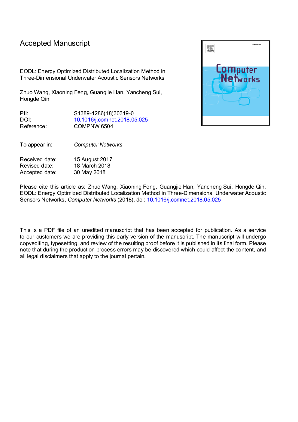 EODL: Energy Optimized Distributed Localization Method in three-dimensional underwater acoustic sensors networks