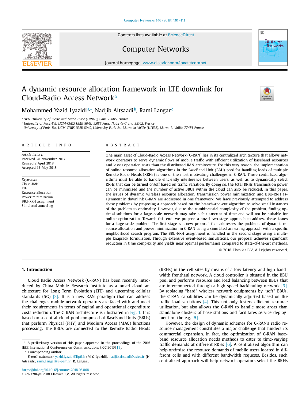 A dynamic resource allocation framework in LTE downlink for Cloud-Radio Access Network