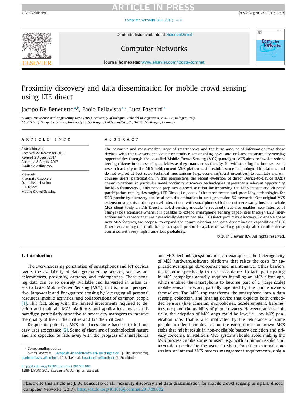 Proximity discovery and data dissemination for mobile crowd sensing using LTE direct