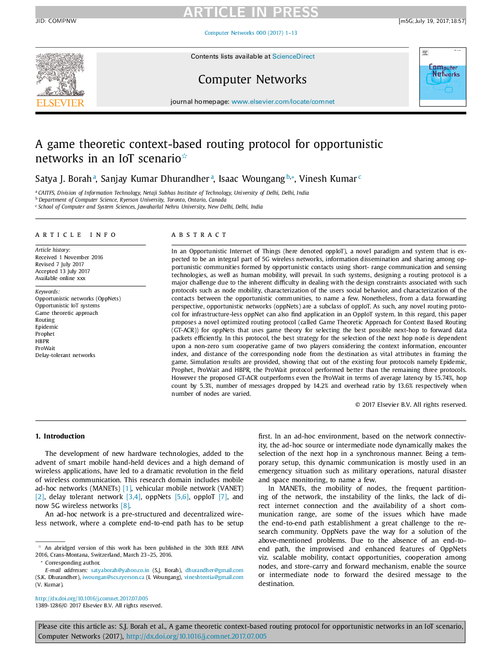 A game theoretic context-based routing protocol for opportunistic networks in an IoT scenario