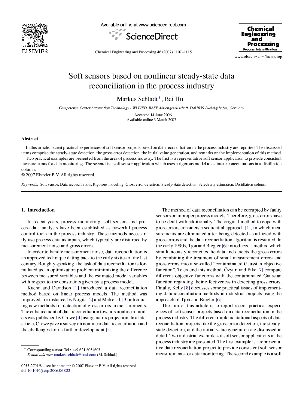 Soft sensors based on nonlinear steady-state data reconciliation in the process industry