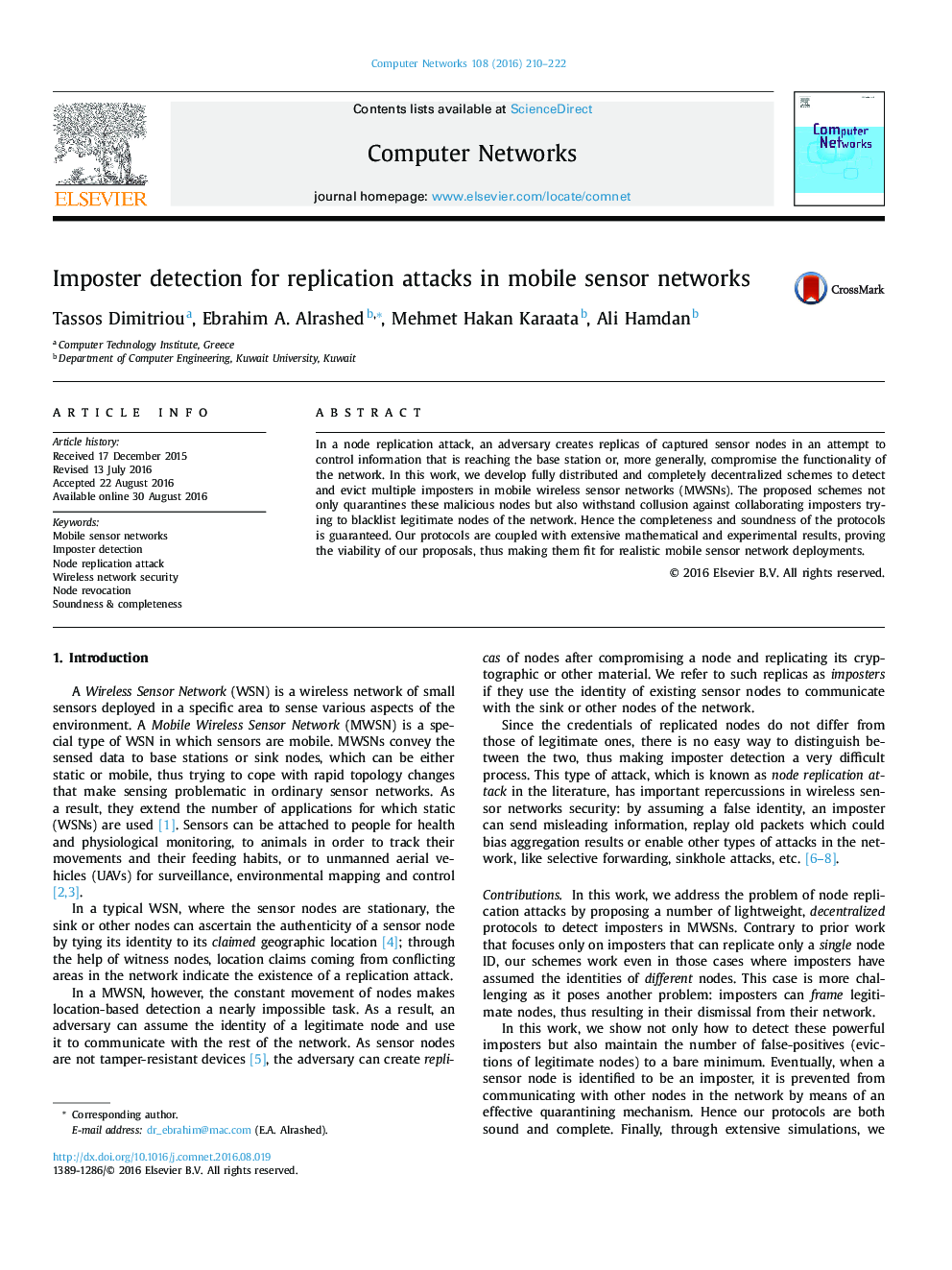 Imposter detection for replication attacks in mobile sensor networks