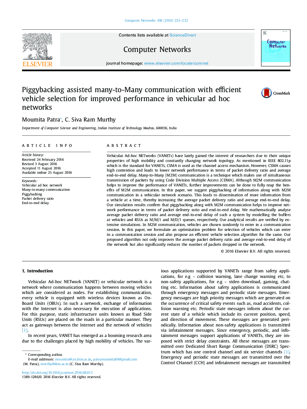 Piggybacking assisted many-to-Many communication with efficient vehicle selection for improved performance in vehicular ad hoc networks