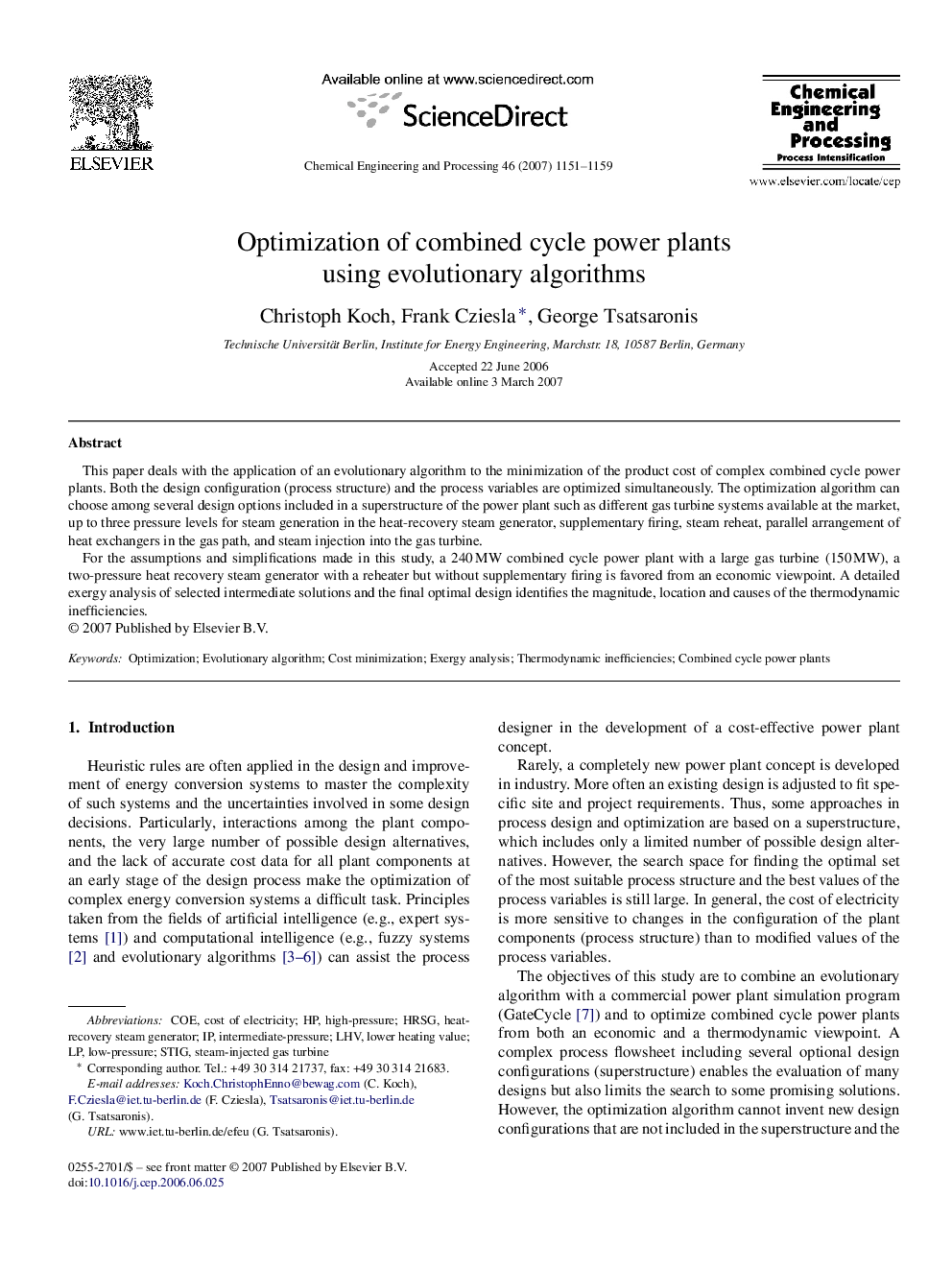 Optimization of combined cycle power plants using evolutionary algorithms