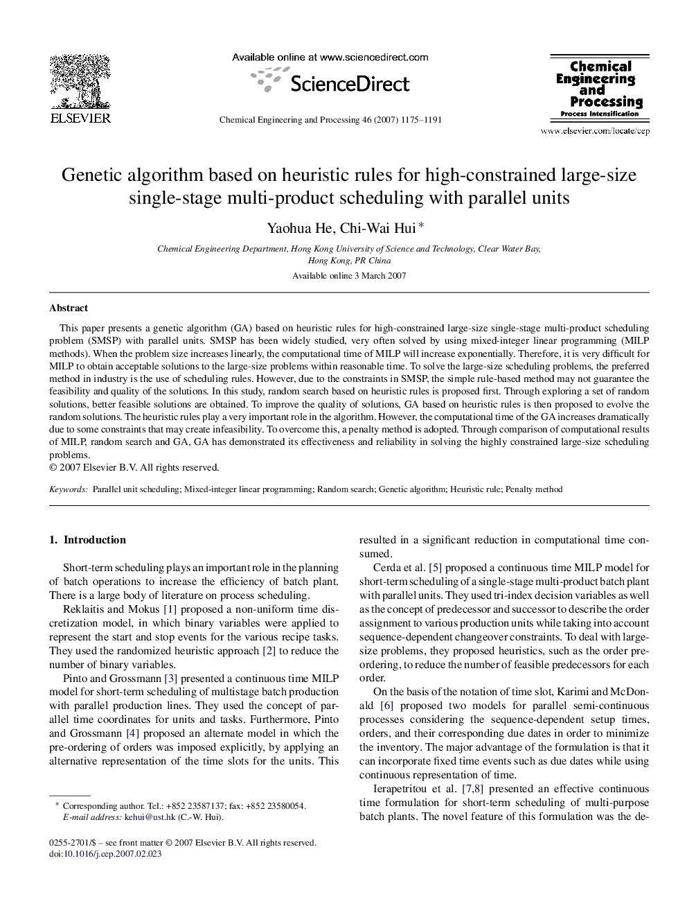 Genetic algorithm based on heuristic rules for high-constrained large-size single-stage multi-product scheduling with parallel units