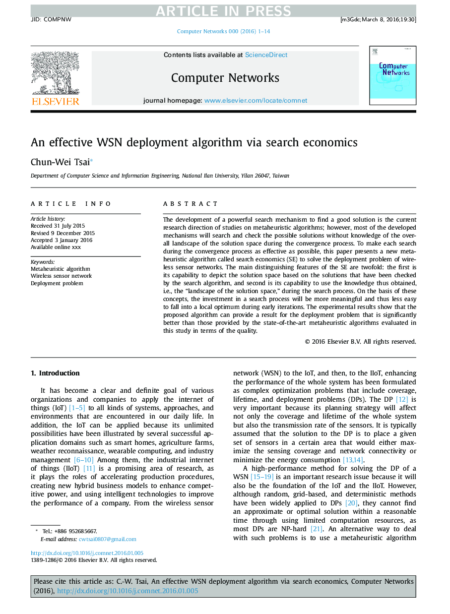 عکس صفحه اول مقاله: An effective WSN deployment algorithm via search economics An effective WSN deployment algorithm via search economics
