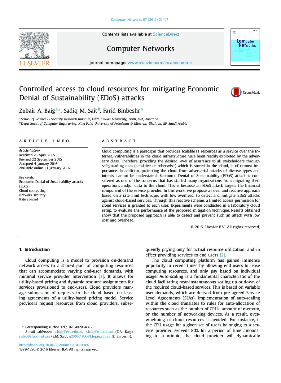 Controlled access to cloud resources for mitigating Economic Denial of Sustainability (EDoS) attacks