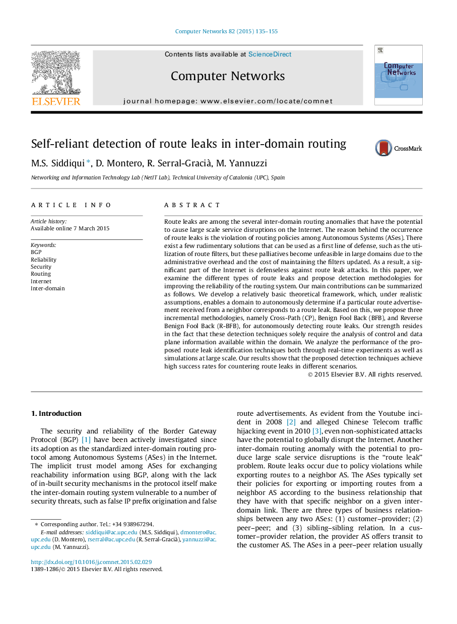 Self-reliant detection of route leaks in inter-domain routing