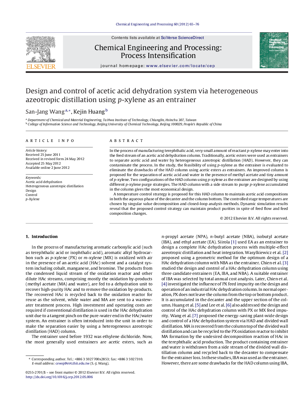 Design and control of acetic acid dehydration system via heterogeneous azeotropic distillation using p-xylene as an entrainer