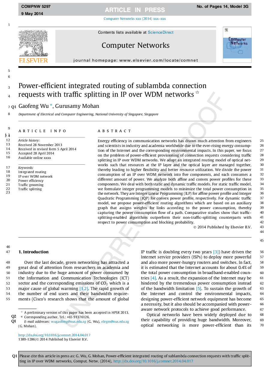 Power-efficient integrated routing of sublambda connection requests with traffic splitting in IP over WDM networks