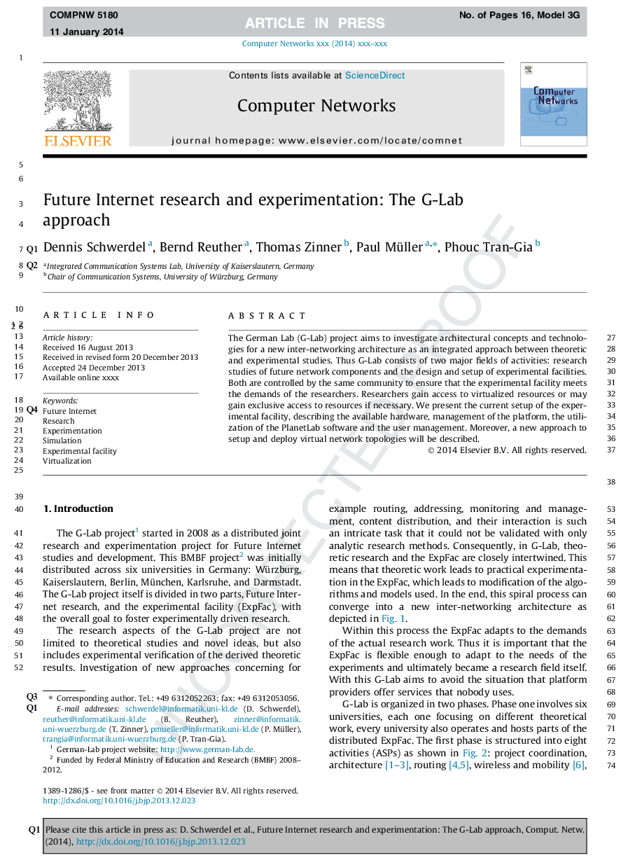 Future Internet research and experimentation: The G-Lab approach