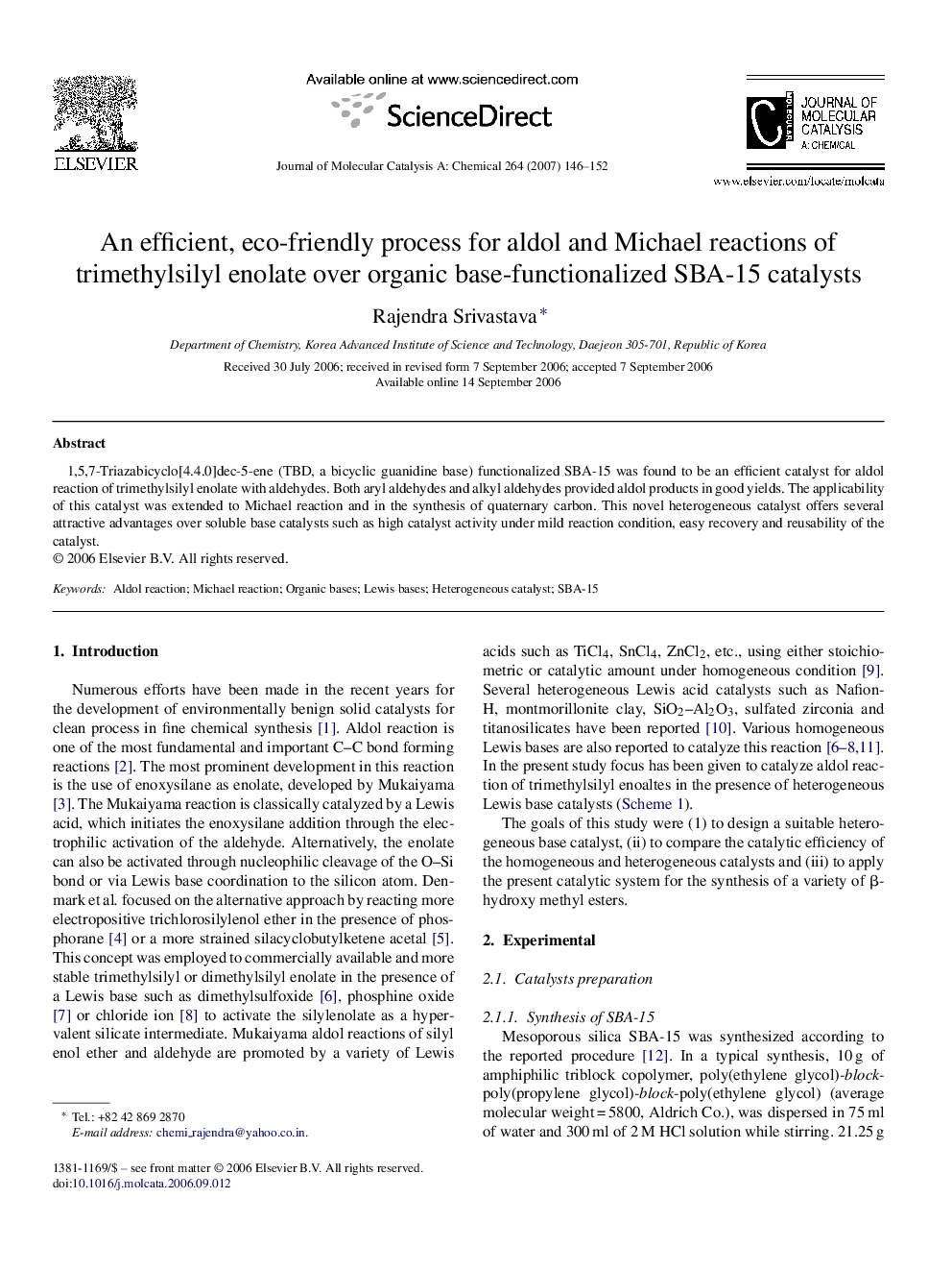 An efficient, eco-friendly process for aldol and Michael reactions of trimethylsilyl enolate over organic base-functionalized SBA-15 catalysts