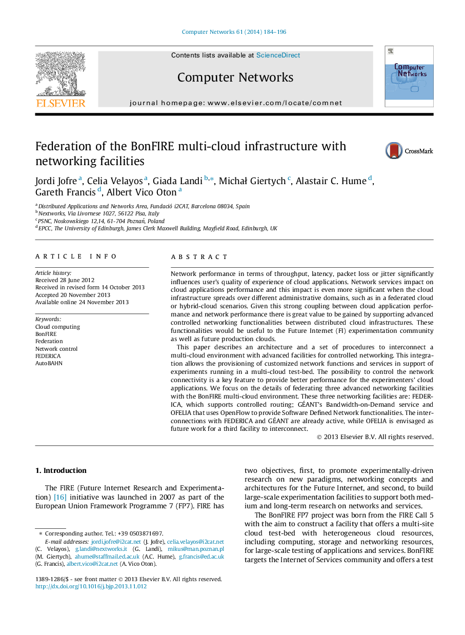 Federation of the BonFIRE multi-cloud infrastructure with networking facilities