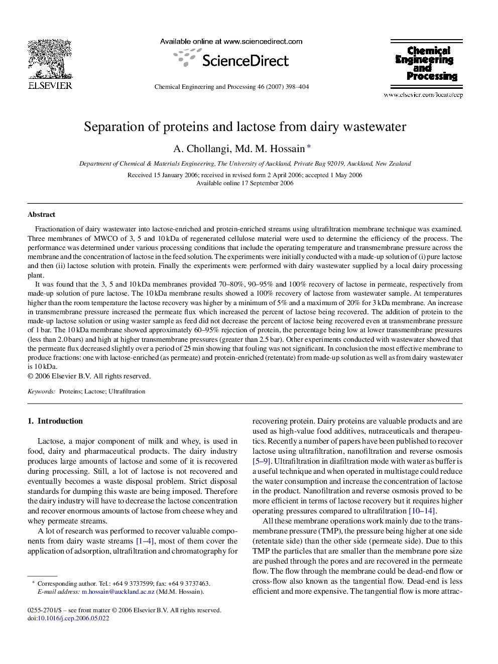 Separation of proteins and lactose from dairy wastewater