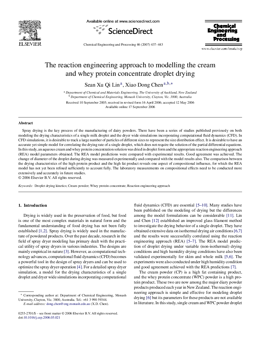 عکس صفحه اول مقاله: The reaction engineering approach to modelling the cream and whey protein concentrate droplet drying The reaction engineering approach to modelling the cream and whey protein concentrate droplet drying